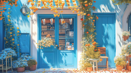 Entrance to a store decorated with flowers
