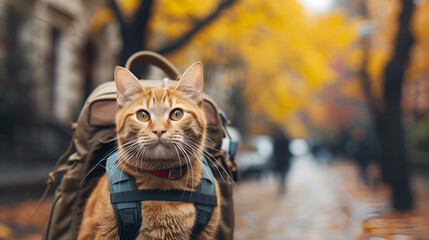 A humorous tourist cat wearing a backpack on its back, copy space, generative ai - obrazy, fototapety, plakaty