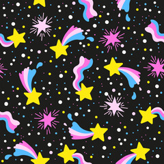 Fototapeta na wymiar Hand drawn vector seamless pattern of neon stars and meteorites on black night sky. Stylized other space in neon pink and purple colors on a black background