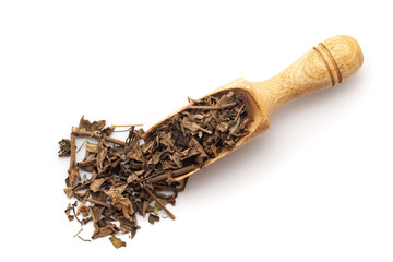 Top view of Dry Organic Punarnava (Boerhaavia diffusa) roots and leaves, in a wooden scoop. Isolated on a white background.