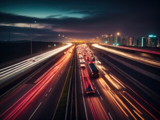 Fototapeta na wymiar traffic on highway at night speed light. Generative AI