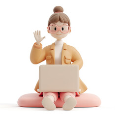 A girl sits with a laptop on her lap and waves her hand. 3D style. Isolated on a white background.
