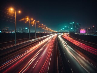 Fototapeta na wymiar traffic on highway at night speed light. Generative AI