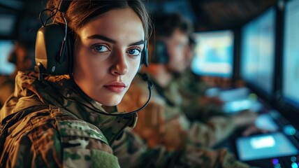 female warrior wearing a headset and camouflage uniform with a focused expression on her face, suggesting a high-tension environment in the command center