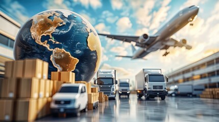 global logistics concept: the globe is set among different modes of transportation - trucks, planes and cargo - symbolizing international trade and transportation. - obrazy, fototapety, plakaty
