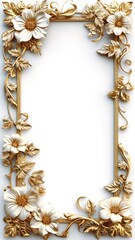 Golden Photo Frame With Flower Ornament On White Background. Generated AI
