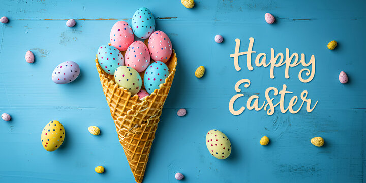 Top view of a waffle cone with colorful Easter eggs on a blue textured wooden background. A creative and unusual greeting. Happy Easter Inscription