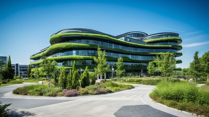 Green office complex with solar panels, wind turbines, and rainwater harvesting system