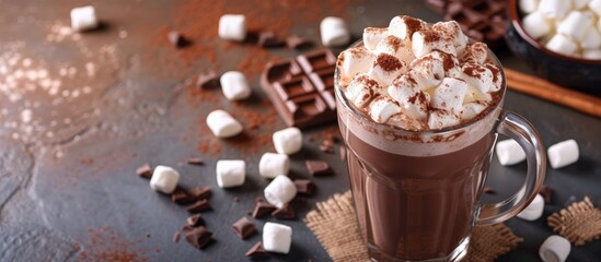 Hot chocolate with marshmallows, milky dessert drink