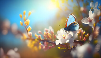 Art Beautiful blurred spring background nature with blooming glade, butterfly and blue sky on a sunny day. Generative AI. - obrazy, fototapety, plakaty