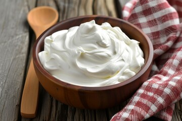 Fototapeta na wymiar Whipped sour cream or yogurt in a wooden bowl on wooden table
