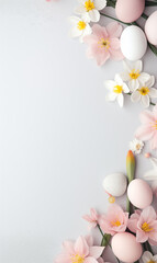 Fototapeta na wymiar Festive Easter background. Easter eggs with flowers on a white table. Flat lay.