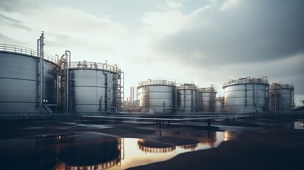 Obraz premium Industrial metal tanks and pipes in a large factory or refinery