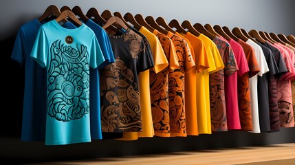A composition of various T-shirt mockups with diverse patterns and colors, arranged in an eye-catching display against a neutral background