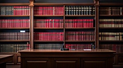 Law library with shelves of books and legal documents in a professional office - obrazy, fototapety, plakaty