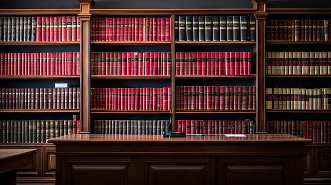 Law library with shelves of books and legal documents in a professional office