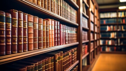 Law library with shelves of books and legal documents in a professional office