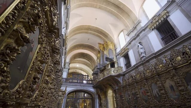 An inside view of a Portuguese monastery, called 'Santa Mafalda de Arouca Monastery' containing a museum of sacred art within, located in Arouca.