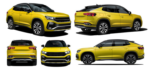 Realistic Vector Car SUV Isolated Yellow color with 3d perspective and transparency gradients with front, back, side and isometric view	