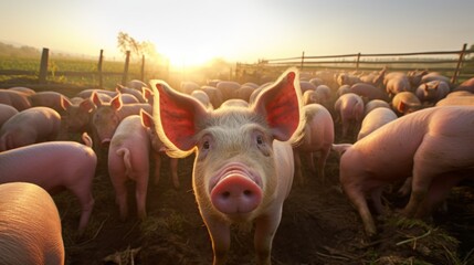 A lot of pink piglets graze on a rural pig farm at sunset. Meat production, animal husbandry and agriculture concepts. - obrazy, fototapety, plakaty