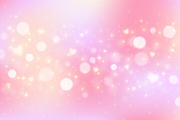 Pink lovely background with hearts and glitter. Pastel vector gradient for Valentine Day. Romantic blurred sky.