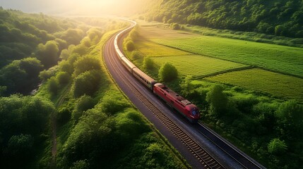 drone view photography of train driving on the train tracks along the green hills - obrazy, fototapety, plakaty