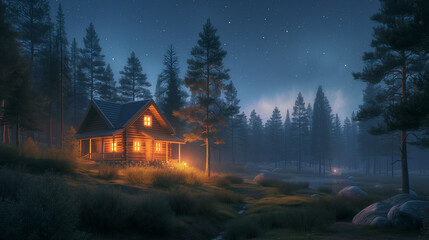 house in the forest, lodge cabin in the woods at night - Powered by Adobe