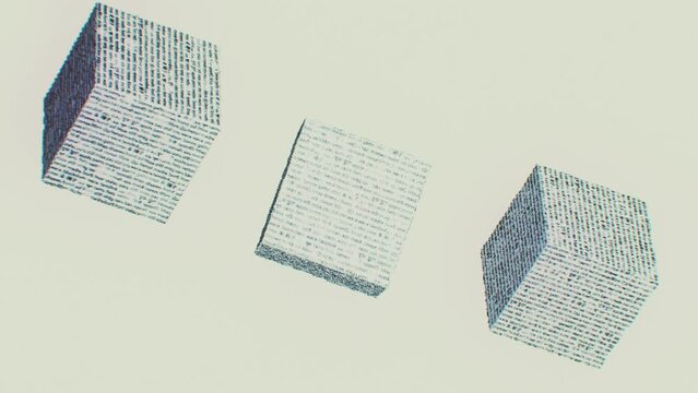 Three Cubes with Random Language Text on Them - 3D Seamless Loop Animation on White Background. LLM Box Visualization Concept Art.