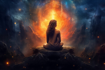 Discover serenity as a woman meditates before a cosmic landscape, expertly crafted in a photorealistic pastiche, capturing the essence of the galaxy's awe-inspiring beauty.