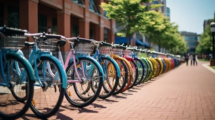Papier Peint photo autocollant Vélo Colorful bicycles at a bike rack in an outdoor park, cycling lifestyle concept