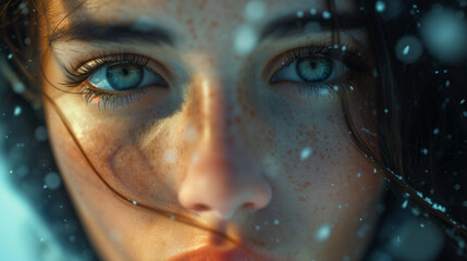 close up of a woman in the snow with blue eyes, Portrait close-up of a young beautiful woman with beautiful eyes, close up face of pretty girl