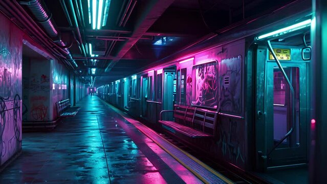 As the night falls the neon lights of the subway become even more vibrant creating a magical underground wonderland.