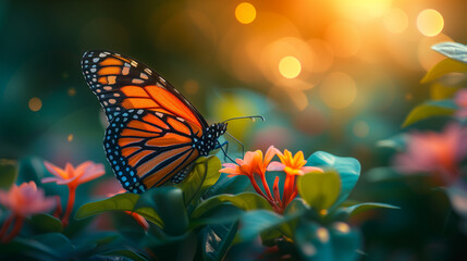 butterfly on flower at sunset golden hour during Spring
