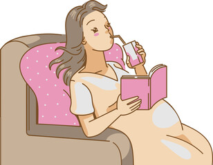 Pregnant woman reading book and milk