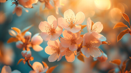 flowers in the garden, , blooming flowers during Spring at golden hour sunset, apple flower magnolia at sunset