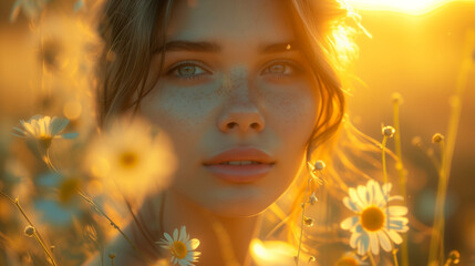 Fototapeta premium portrait of a girl in the field of sunflowers, Portrait close-up of a young beautiful woman with beautiful eyes, close up face of pretty girl