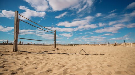 People enjoying a sunny day at a public park with a volleyball net and a sand court