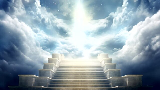 Scene of the stairs to heaven with a cloudy background, animated virtual repeating seamless 4k