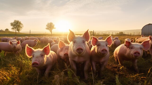 Little pink piglets graze on a rural pig farm at sunset. Meat production, animal husbandry and agriculture concepts.