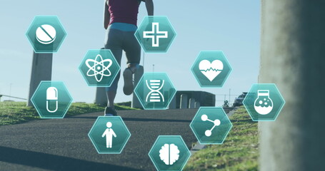 Image of medical icons over woman jogging in a park