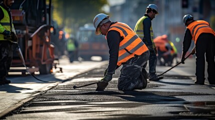 Road construction crew applying yellow and white stripes on new asphalt surface - obrazy, fototapety, plakaty