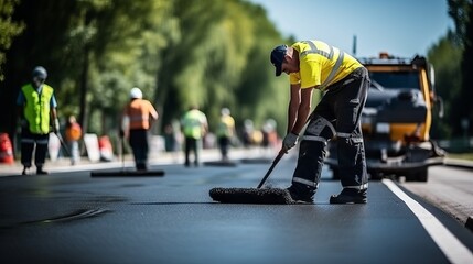 Road construction crew applying yellow and white stripes on new asphalt surface