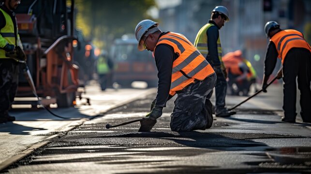 Road construction crew applying yellow and white stripes on new asphalt surface