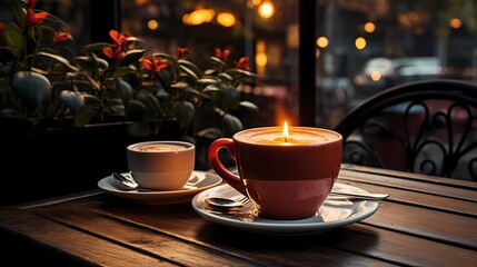 A captivating scene of a coffee cup mockup placed on a cozy cafe table, capturing the warmth and...