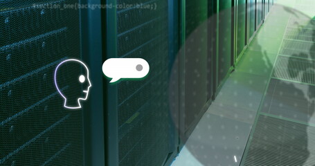 Image of ai chat and globe over computer server room