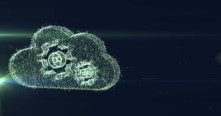 Image of cloud with cogs ai data processing over grid and dark background