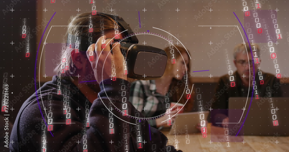 Poster image of binary coding data processing over diverse business people in office