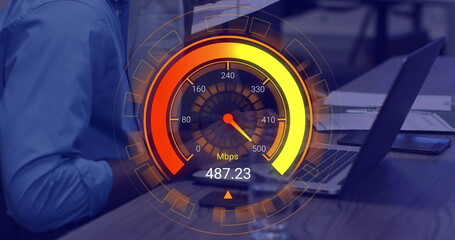 Image of speedometer data processing over diverse business people in office