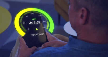 Image of speedometer data processing over caucasian businessman using tablet