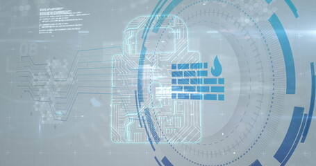 Image of wall and file icons over data processing on white background